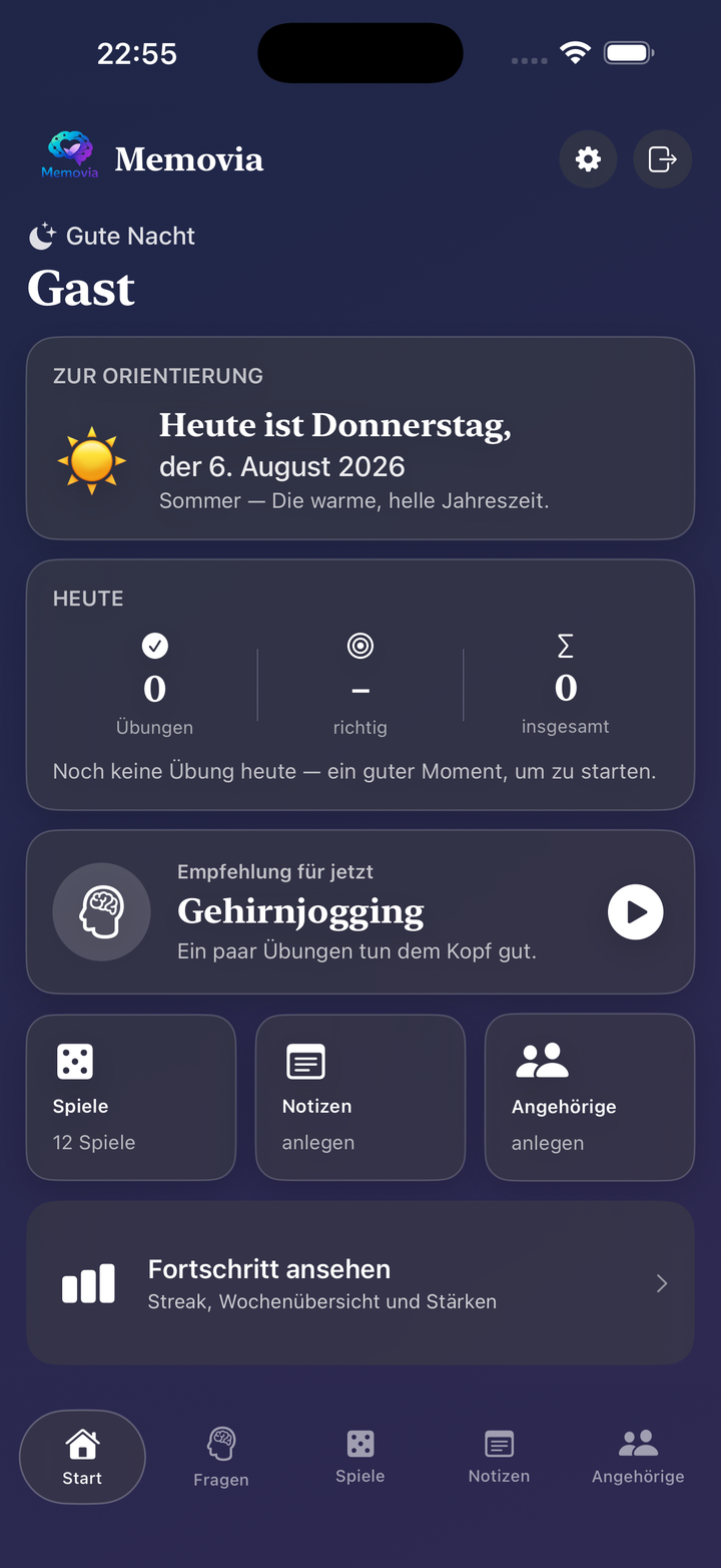 Memovia-Startseite mit Tagesorientierung, Tagesübersicht und Empfehlung