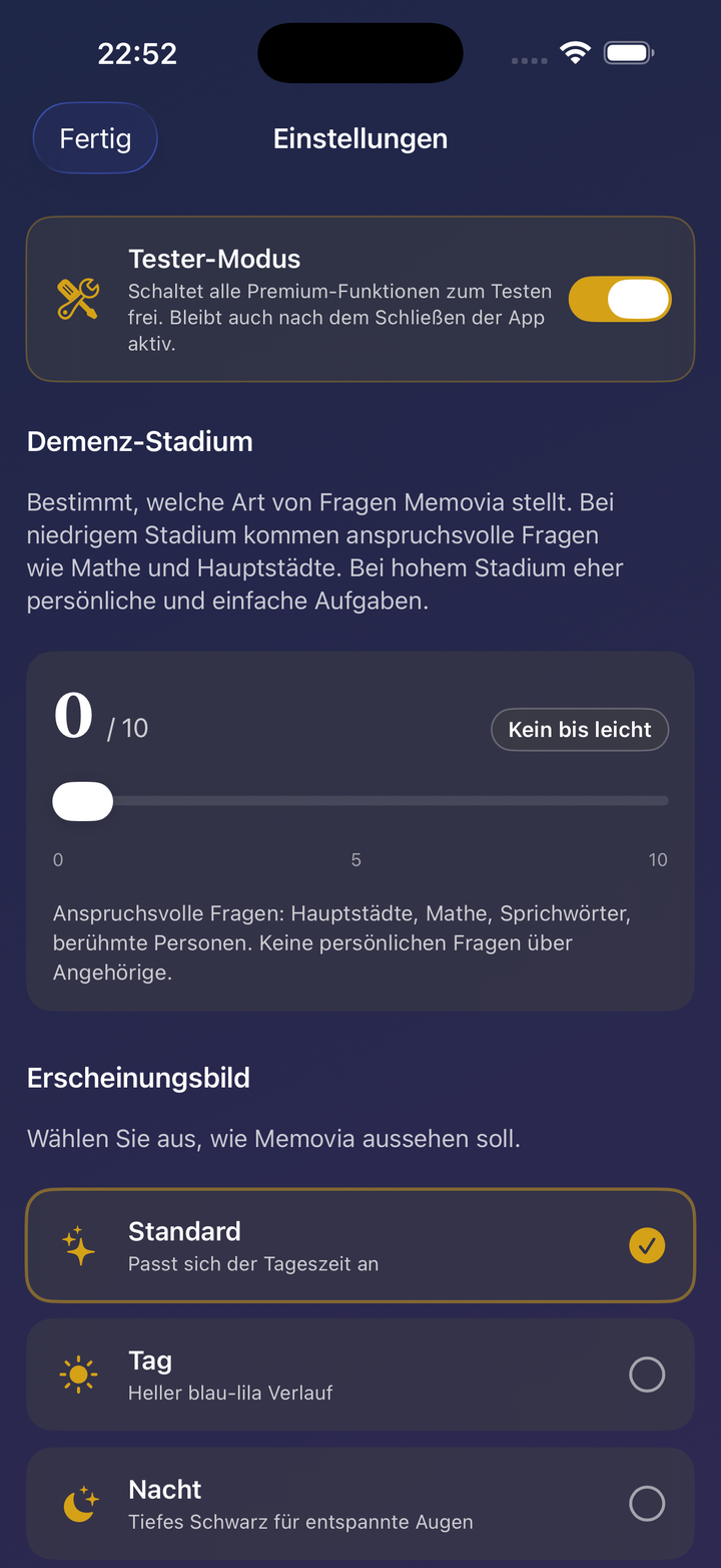 Einstellungen mit Tester-Modus-Schalter und Demenz-Stadium-Regler von 0 bis 10