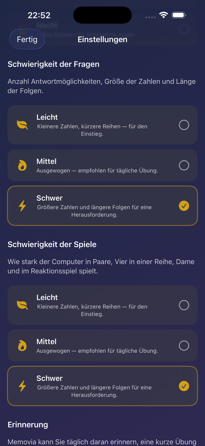 Einstellungen für die Schwierigkeit der Fragen und der Spiele mit den Stufen Leicht, Mittel und Schwer