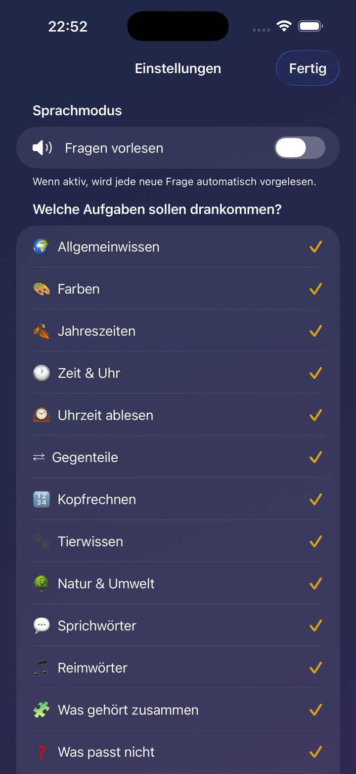 Liste der Aufgaben-Kategorien mit goldenen Haken zum An- und Abwählen sowie Schalter Fragen vorlesen